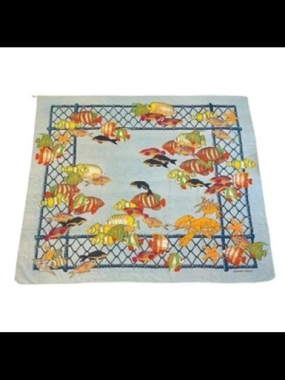 Hermes Light Blue Multicolor Fish Print Silk Scarf
